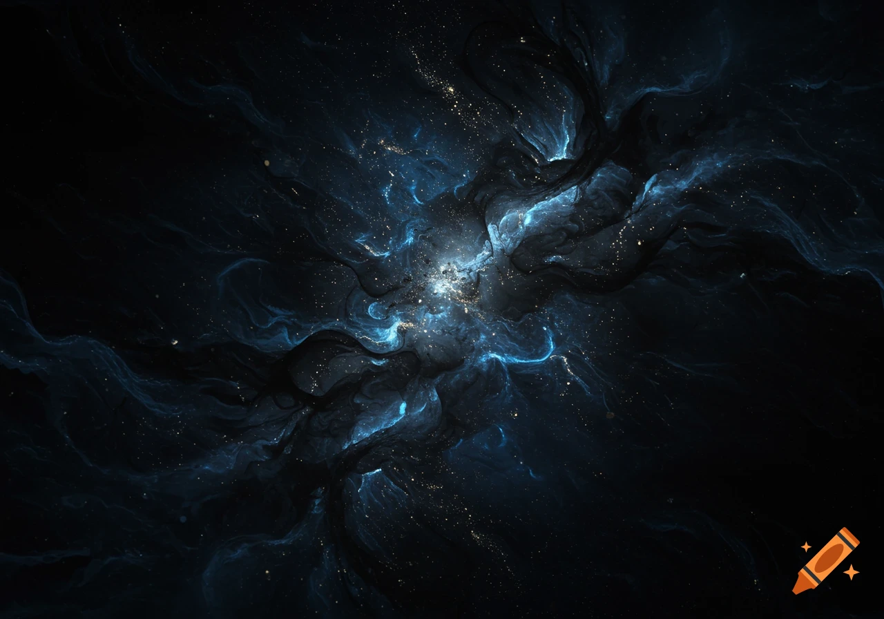 Abstract image of swirling dark blue cosmic clouds with golden specks of light around a bright center.