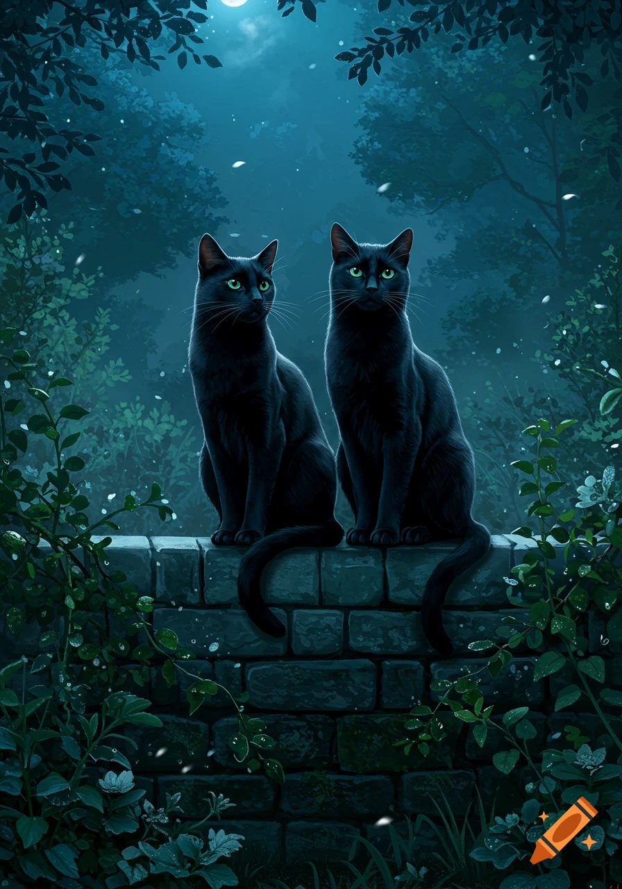 Two black cats with green eyes sit on a stone wall in a dark, moonlit forest, depicted in a digital illustration.