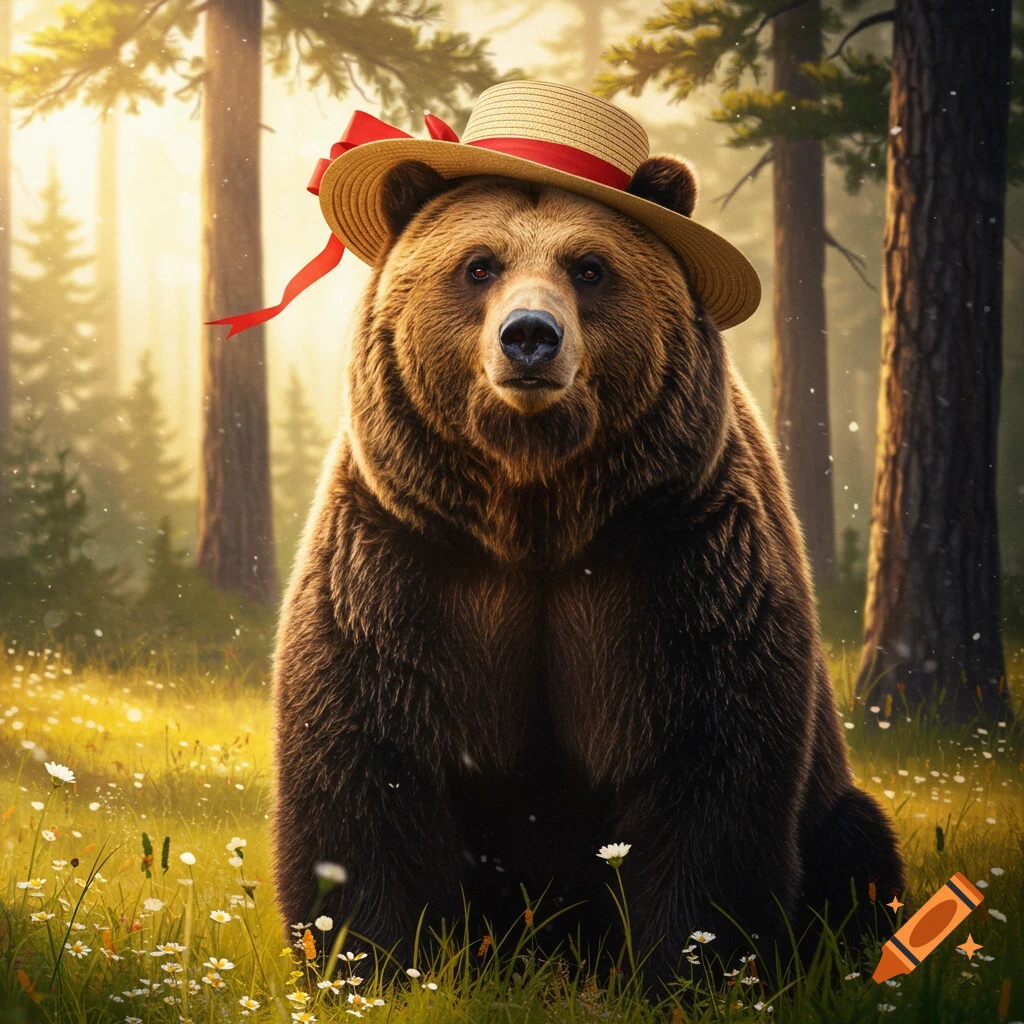 A brown bear wearing a straw hat with a red ribbon sits in a sunlit forest clearing filled with green grass and small white flowers.