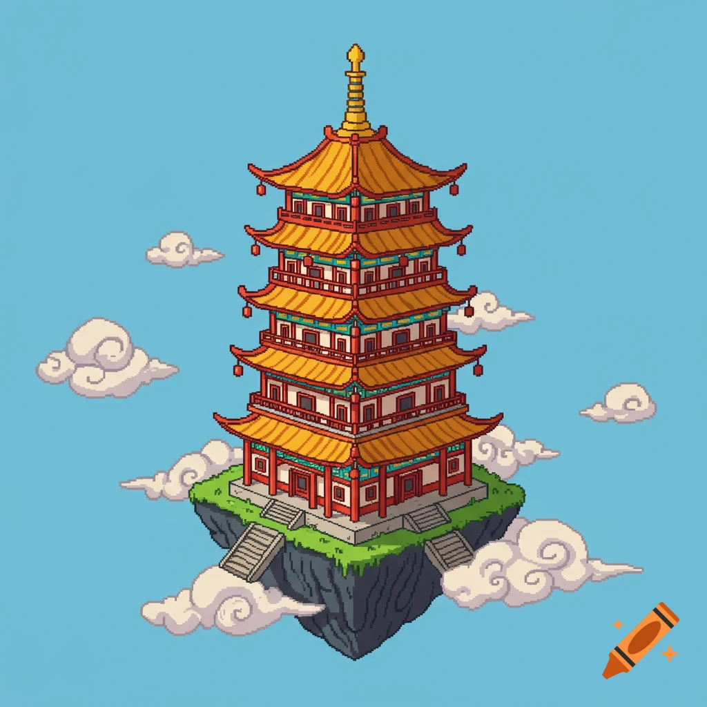A pixel art illustration of an ancient Chinese pagoda on a floating island in a blue sky with clouds.