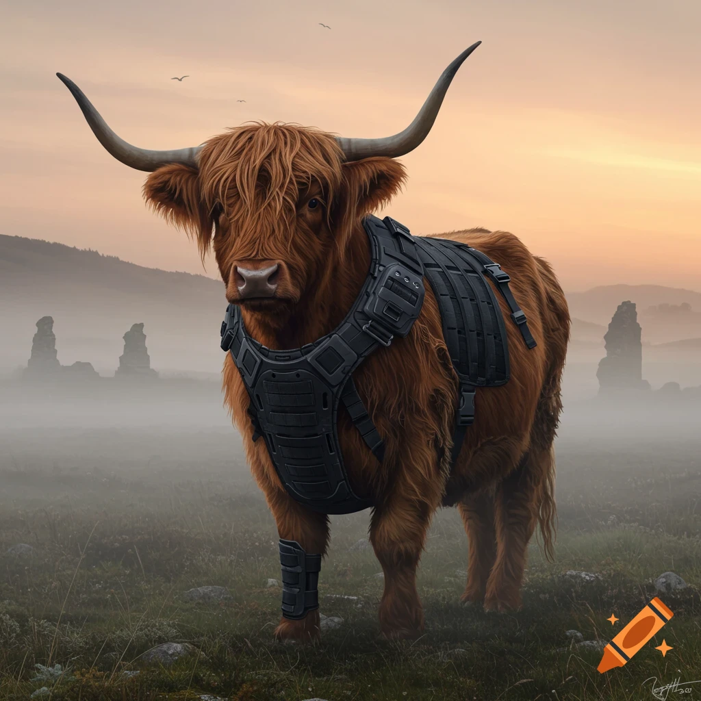 A photorealistic Highland cow wearing black tactical gear stands in a misty, mountainous landscape at sunset.