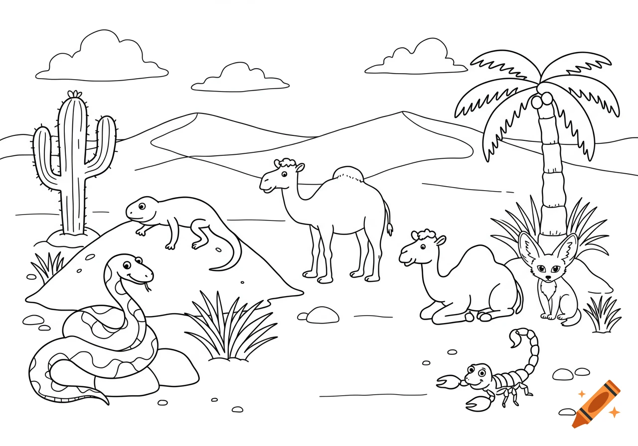 Black and white desert animal coloring page with camels, a lizard, snake, fennec fox, and scorpion.