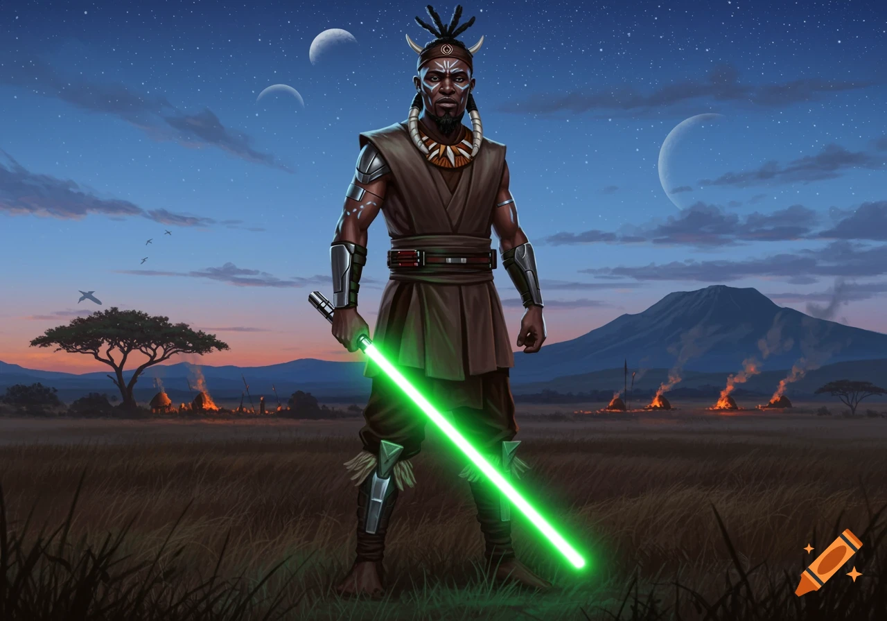 A proud Zulu warrior Jedi stands in a savanna at dusk, holding a glowing green lightsaber, with a mountain and fires in the background under two moons.