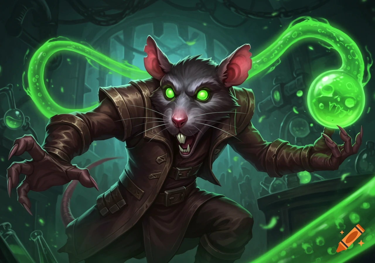 A bipedal rat creature with glowing green eyes and fangs, wearing a brown coat, manipulates green glowing liquid in a dark lab.