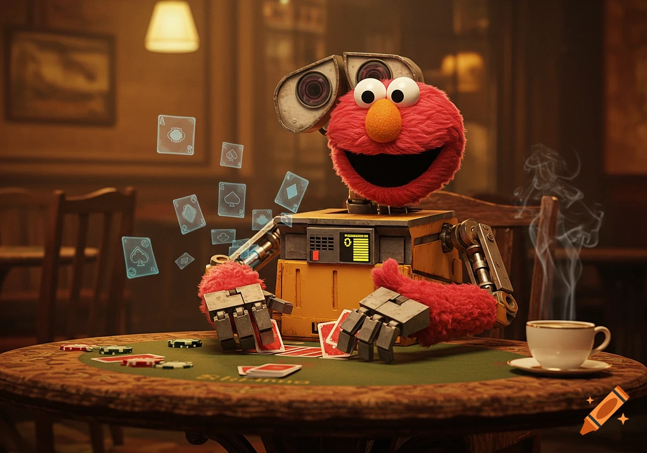 A hyperrealistic WALL-E-Elmo robot sits at a poker table, holding cards, with playing cards floating around it in a warmly lit room.