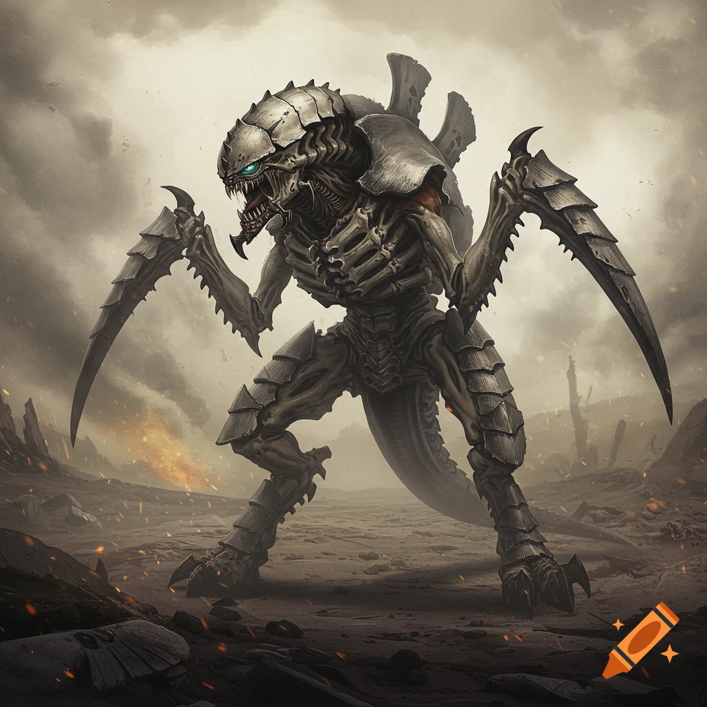 A large, bone-colored insectoid monster with sharp claws and glowing blue eyes stands in a desolate, fiery landscape.