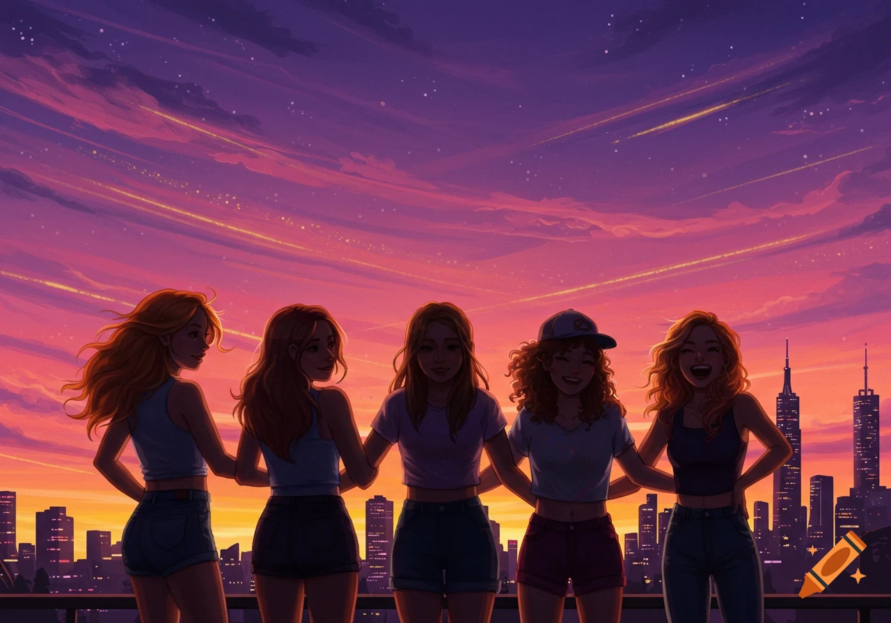 Five stylized young women stand on a rooftop, facing a city skyline under a vibrant purple and orange sunset.