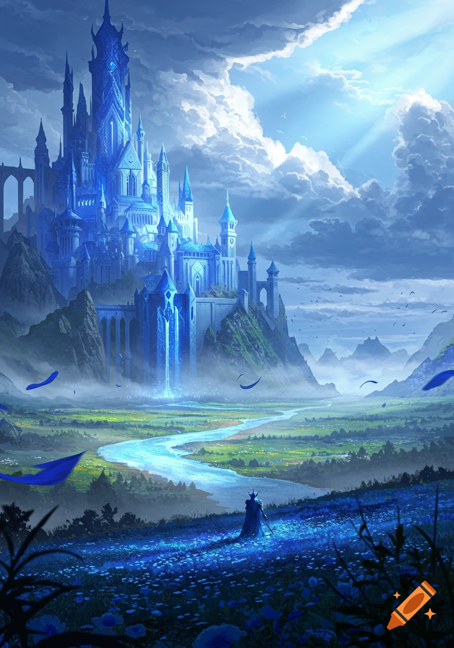 A majestic, blue glowing fantasy castle overlooks a river winding through a vibrant blue and green landscape, with a lone figure.