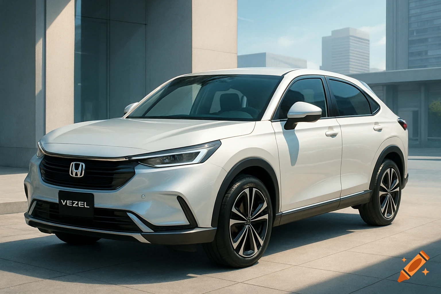 A white Honda Vezel SUV parked outdoors in front of modern buildings under a clear sky, photorealistic style.
