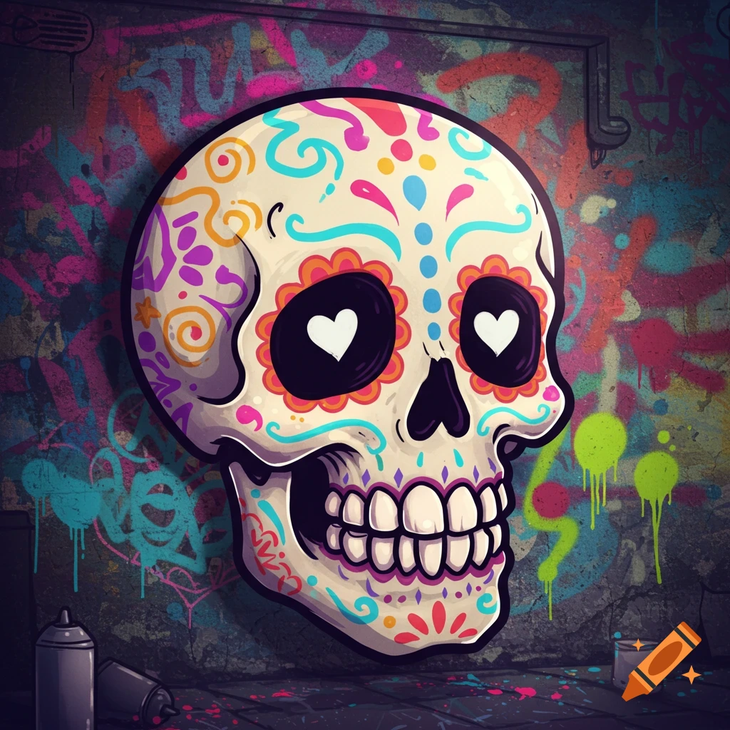 A colorful cartoon sugar skull with heart-shaped eyes against a vibrant graffiti-covered wall.