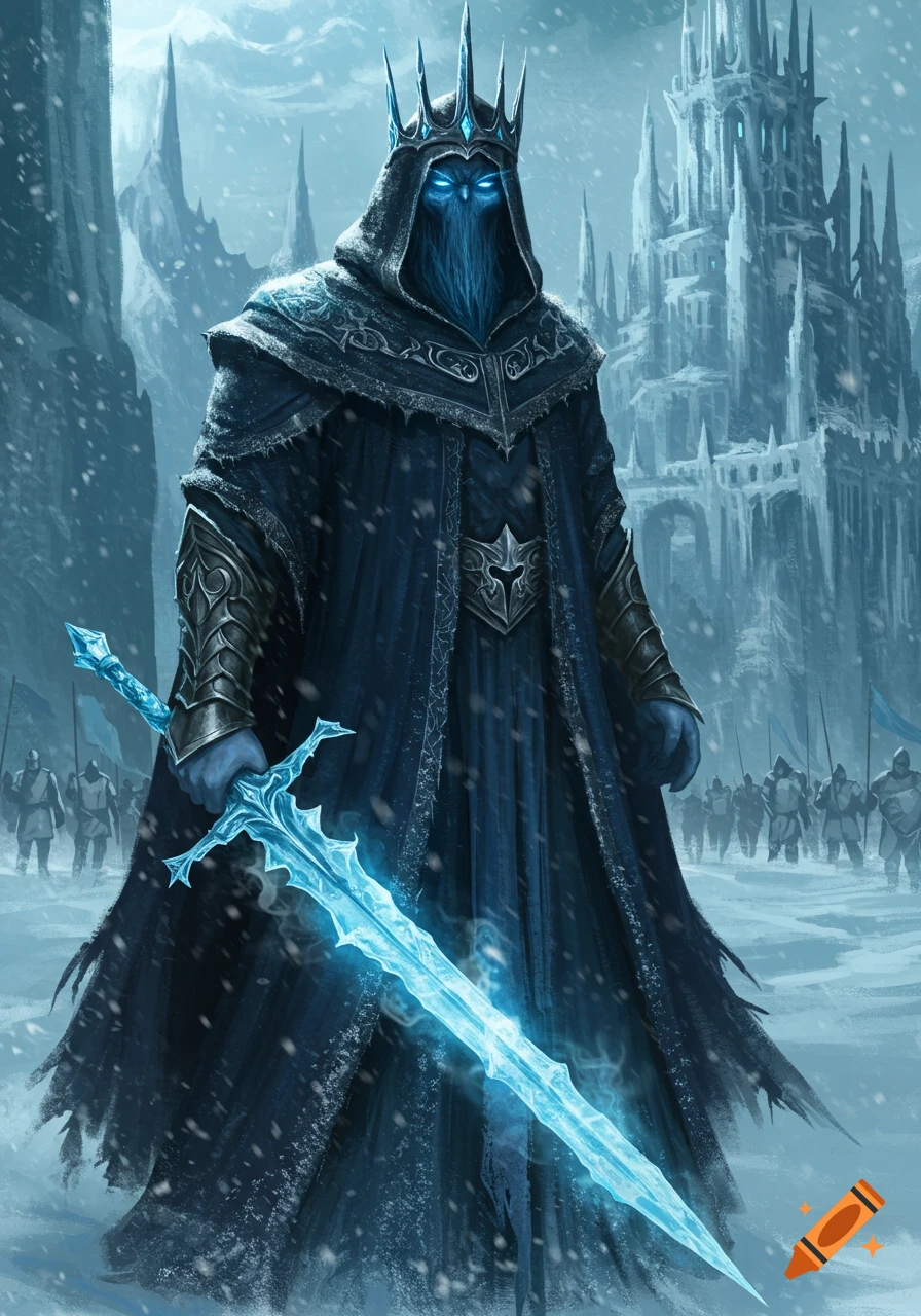 A dark fantasy king with glowing blue eyes and an ice crown, holding a glowing ice sword in a snowy landscape with an ice castle and army.