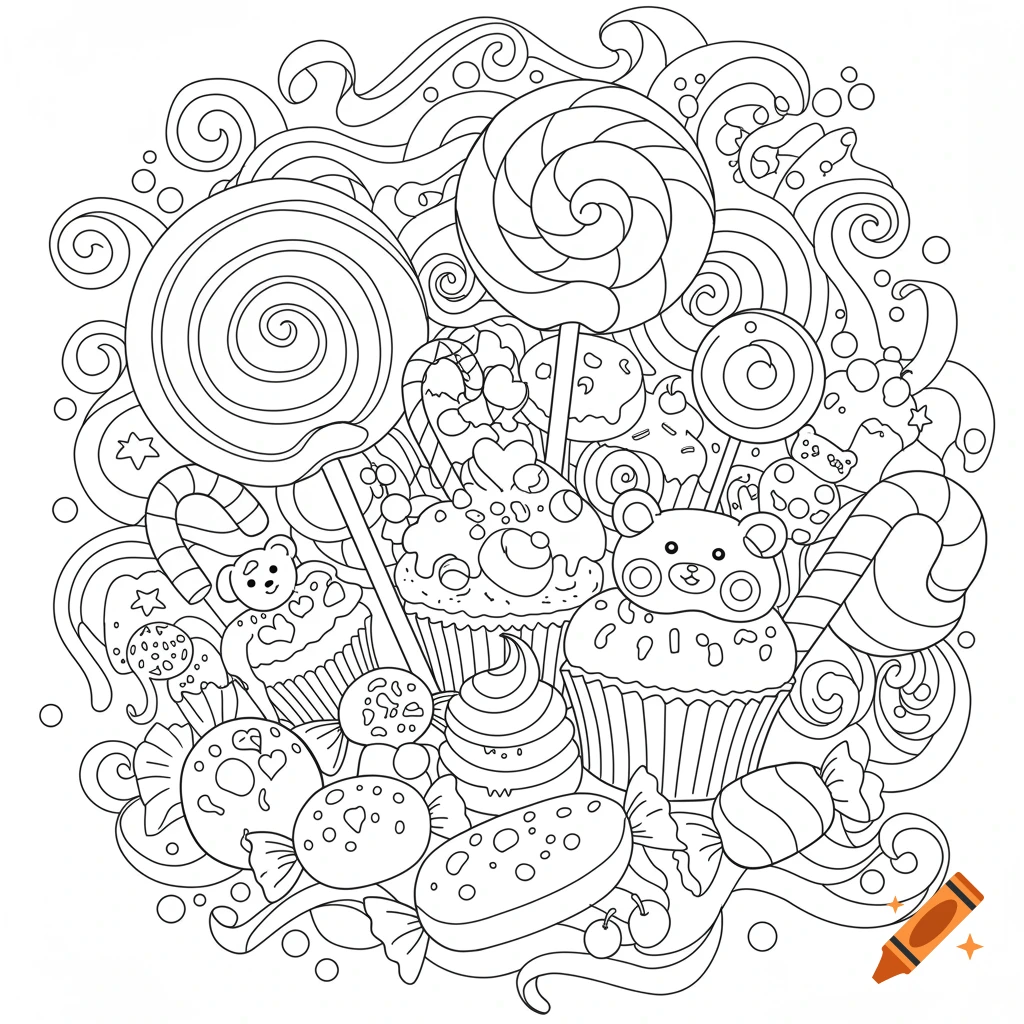 A black and white line art illustration of various candies, lollipops, and cupcakes, perfect for a coloring sheet.