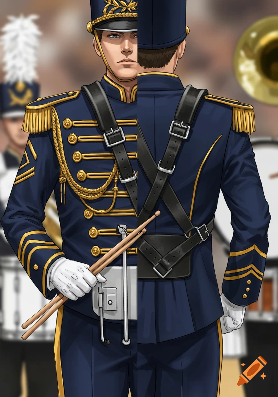 Illustrated man in blue and gold marching band uniform, split view showing front with drumsticks and back with harness.