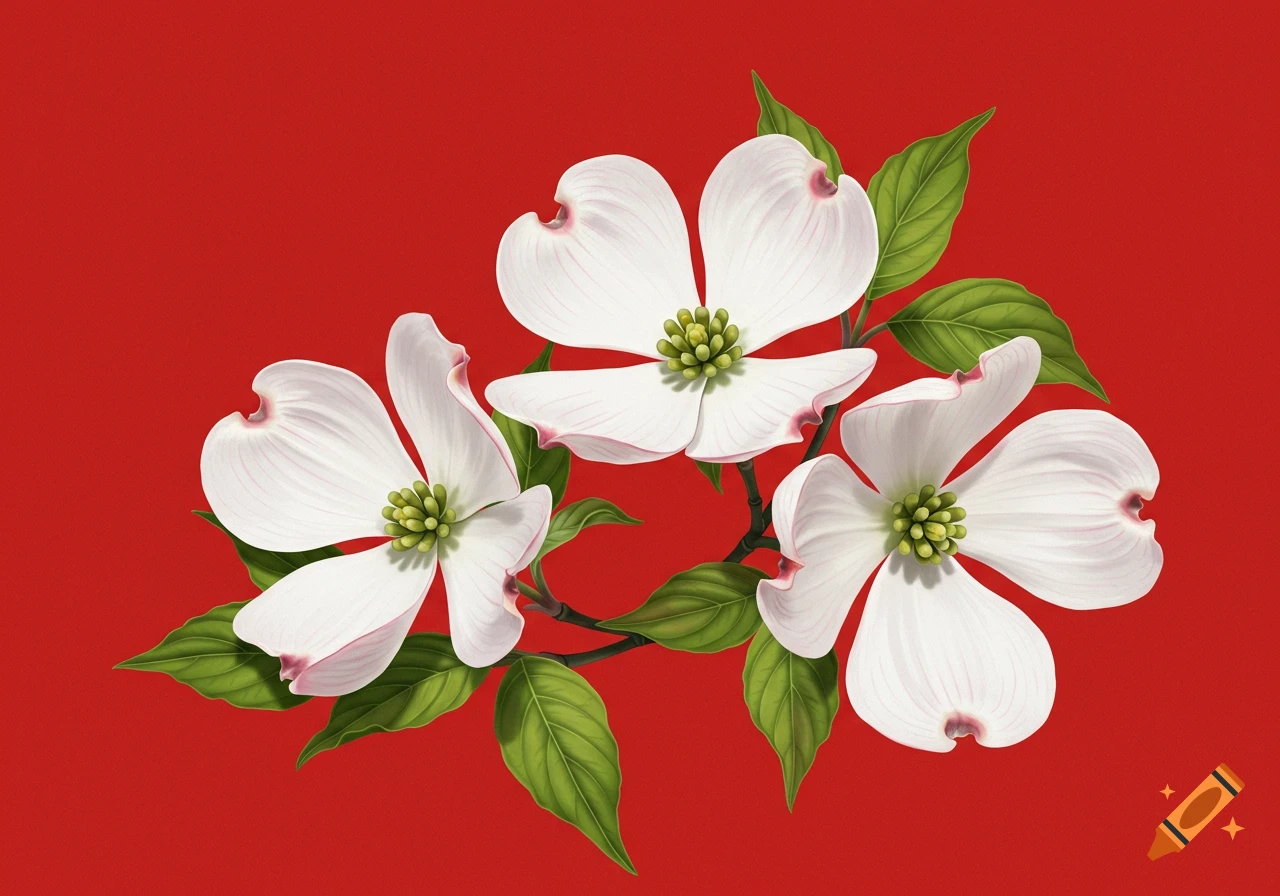 Three white dogwood flowers with green leaves on a vibrant red background, in a botanical illustration style.