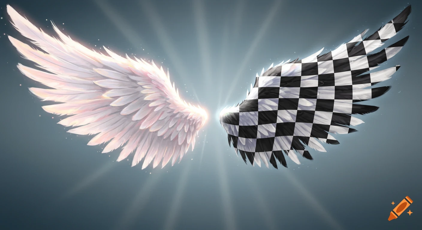 A white glowing angel wing on the left and a black and white checkered racing flag wing on the right, against a glowing blue background.