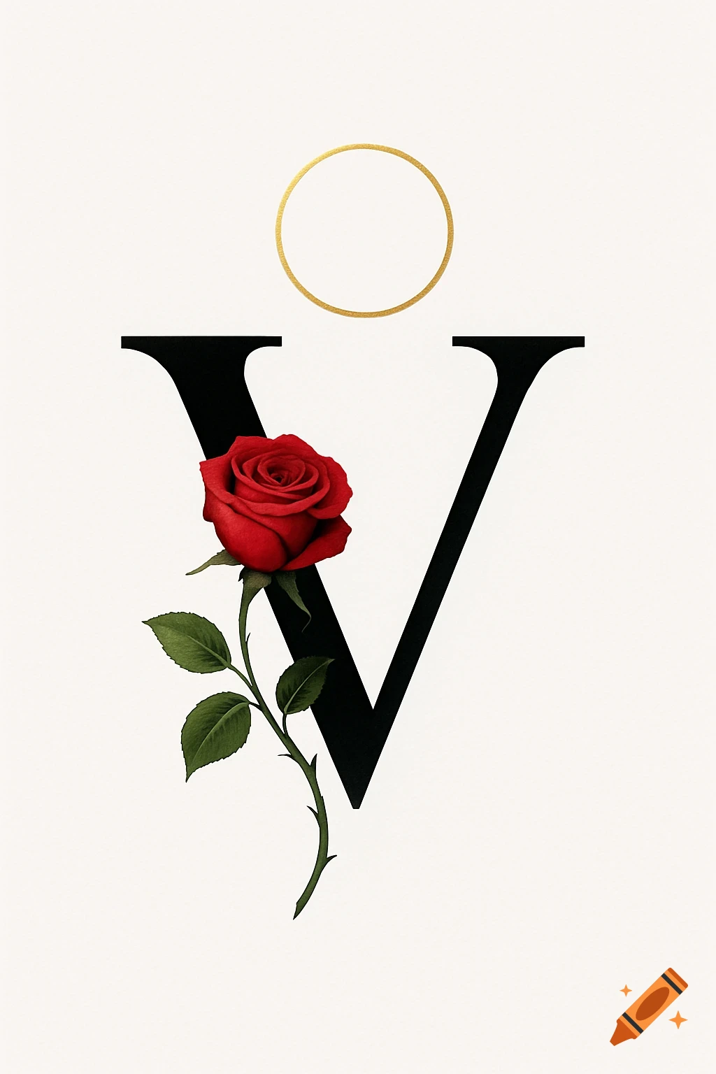 A stylized black letter V with a red rose wrapped around its left side and a golden halo floating above it, on a white background.