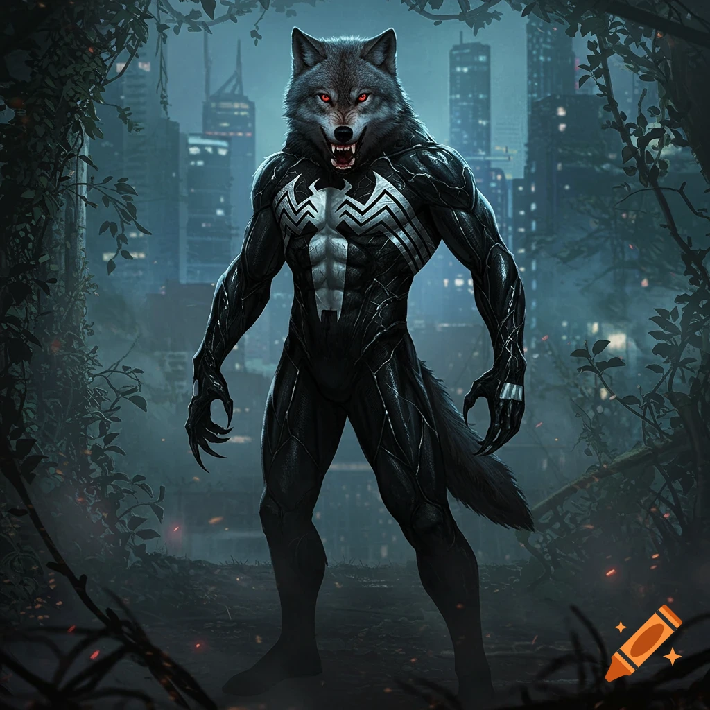A powerful werewolf in a black Venom suit with a white symbol and red eyes stands in a dark, overgrown city.