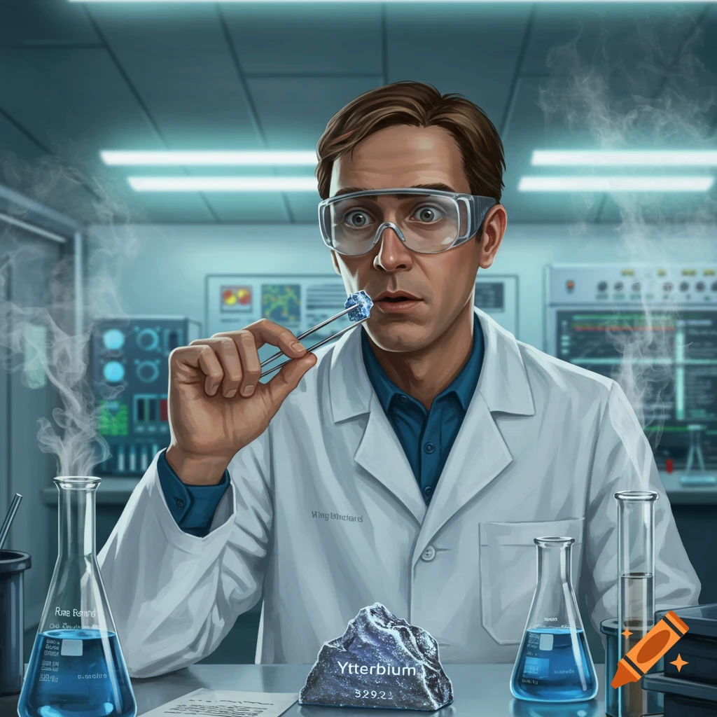 A scientist in a lab coat and safety goggles examines a glowing blue mineral with tweezers in a brightly lit laboratory.