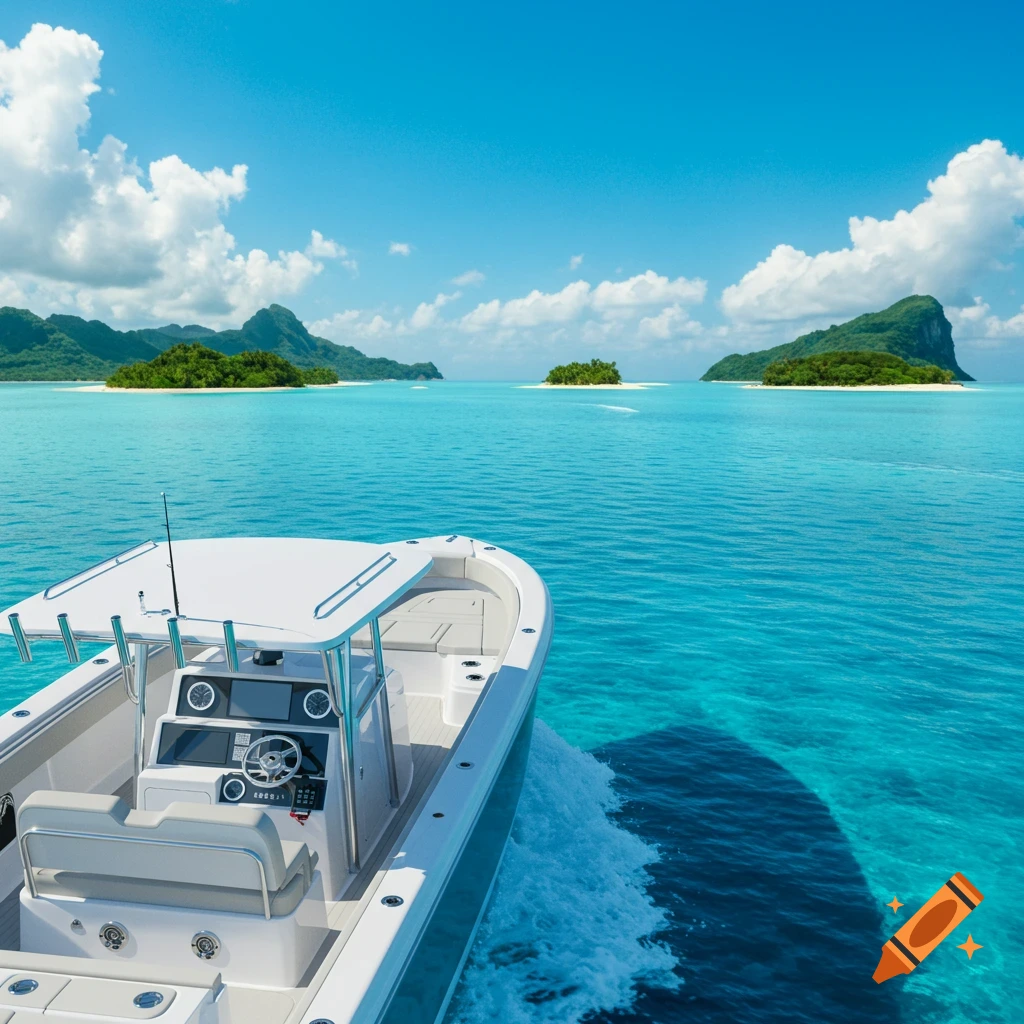 A white center console boat cuts through turquoise water towards lush tropical islands under a blue sky.