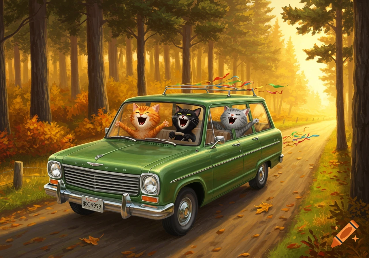 Three happy cartoon cats in a green station wagon drive down a sunny autumn forest road.