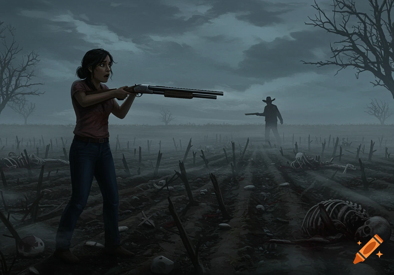 A young woman aims a shotgun in a foggy, barren field littered with skeletons, facing a shadowy man holding a gun.