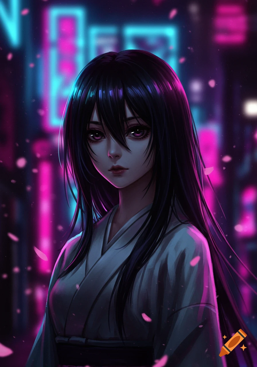 Anime portrait of a girl with long black hair and purple eyes, wearing a white outfit, against a blurred neon city background with falling pink petals.
