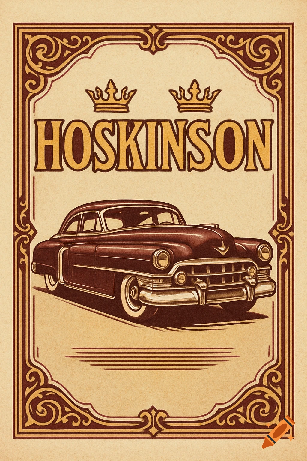Vintage style logo featuring a dark red classic Cadillac car below the name 'HOSKINSON' with two crowns, all within an ornate border.