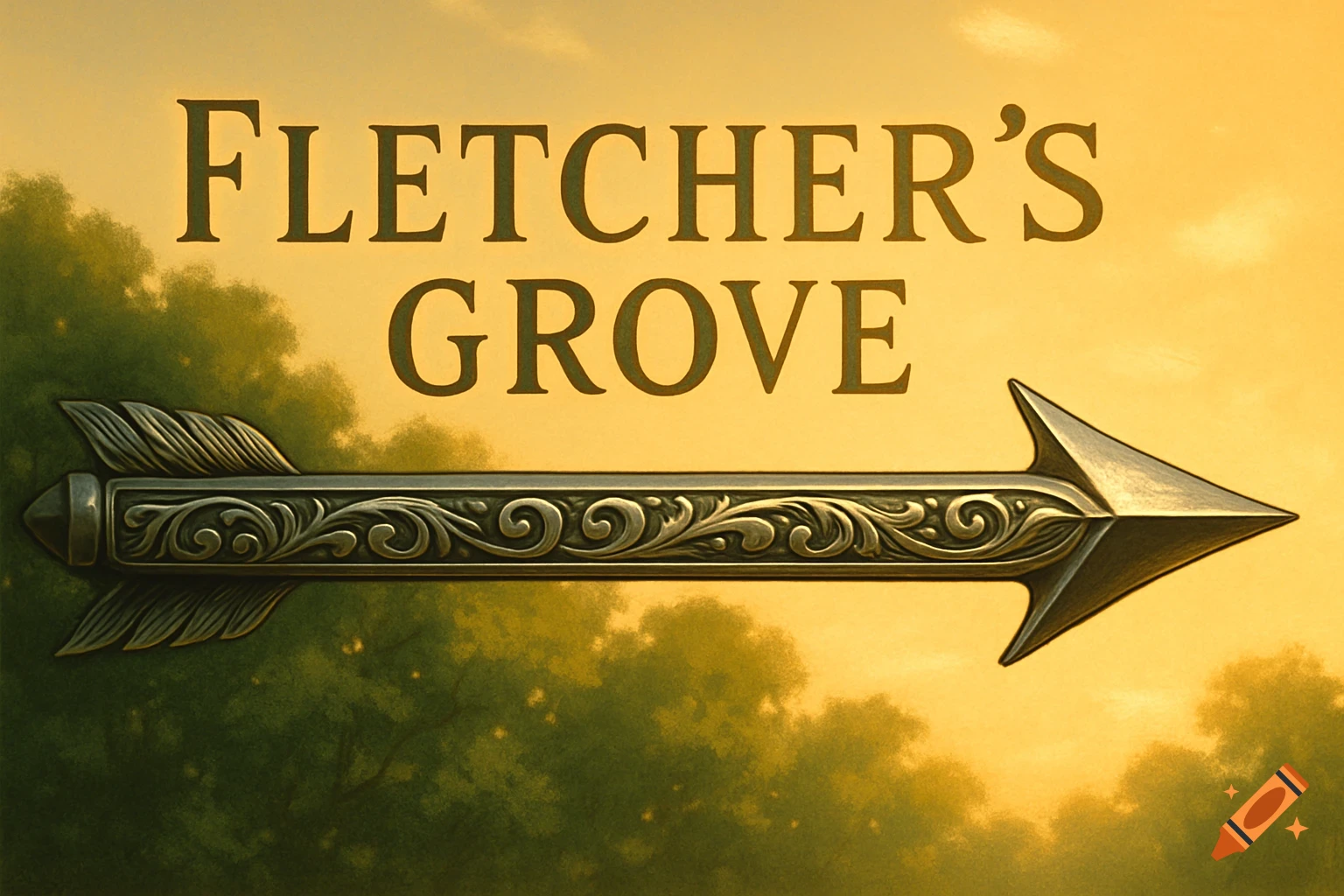 Ornate arrow with 'FLETCHER'S GROVE' text above, against a golden sky and green trees.