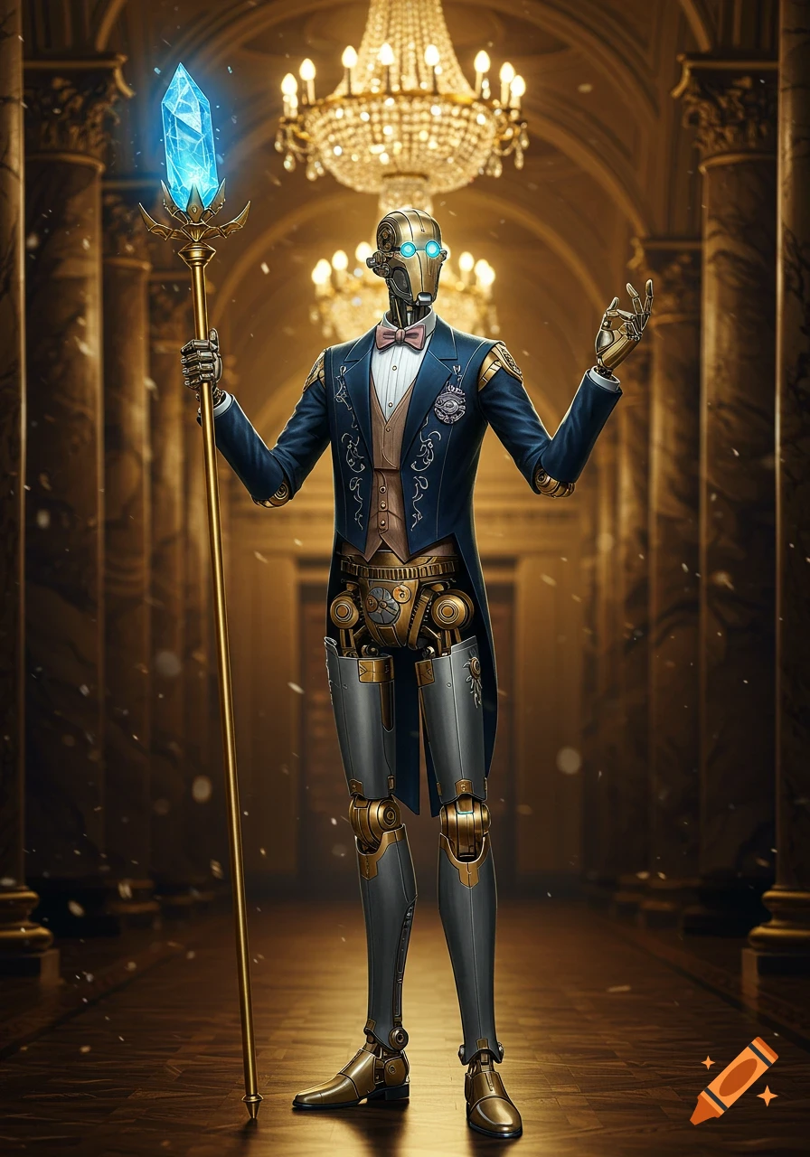 A dapper automaton in a blue and brown tuxedo stands in a golden hall, holding a glowing blue crystal scepter.