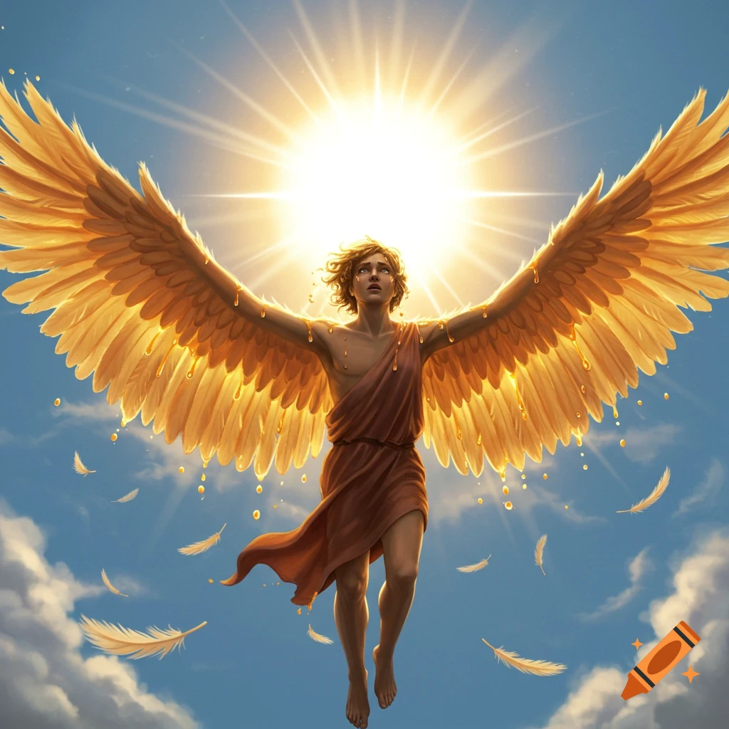 Icarus with large golden wings soars towards the blazing sun in a blue sky, melting wax and feathers falling. Realistic.