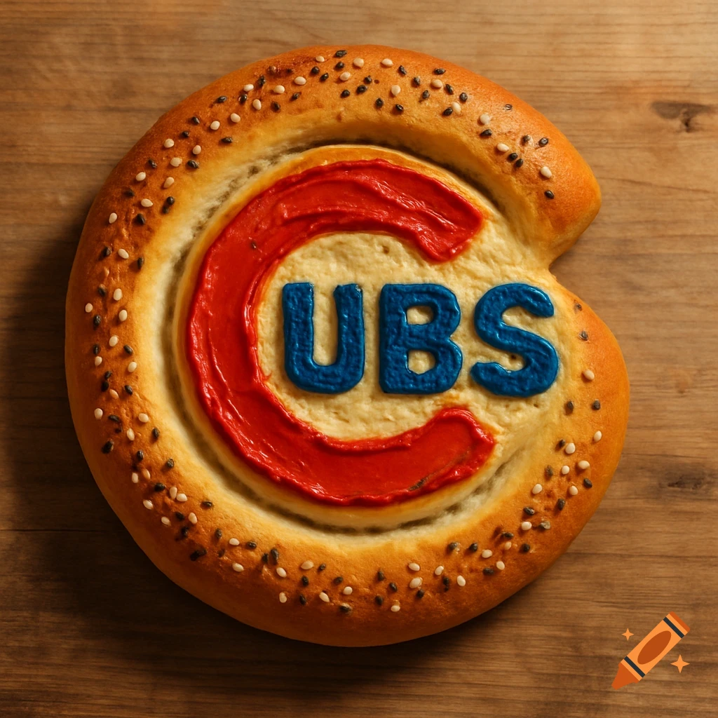 Photorealistic image of a bagel shaped like the Chicago Cubs logo, featuring a red C and blue UBS, on a wooden table.