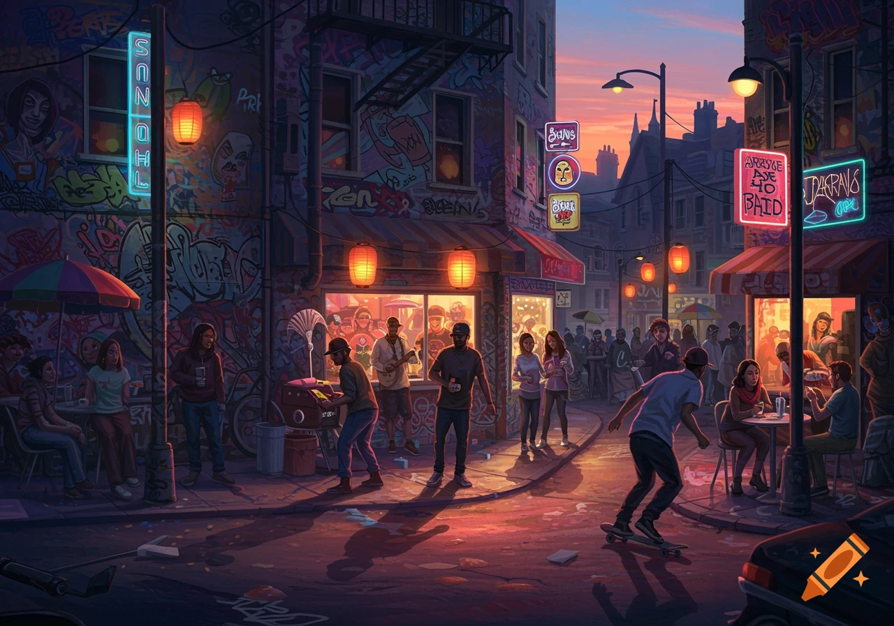 Colorful detailed illustration of a vibrant urban street scene at dusk with people, shops, graffiti, and neon signs.