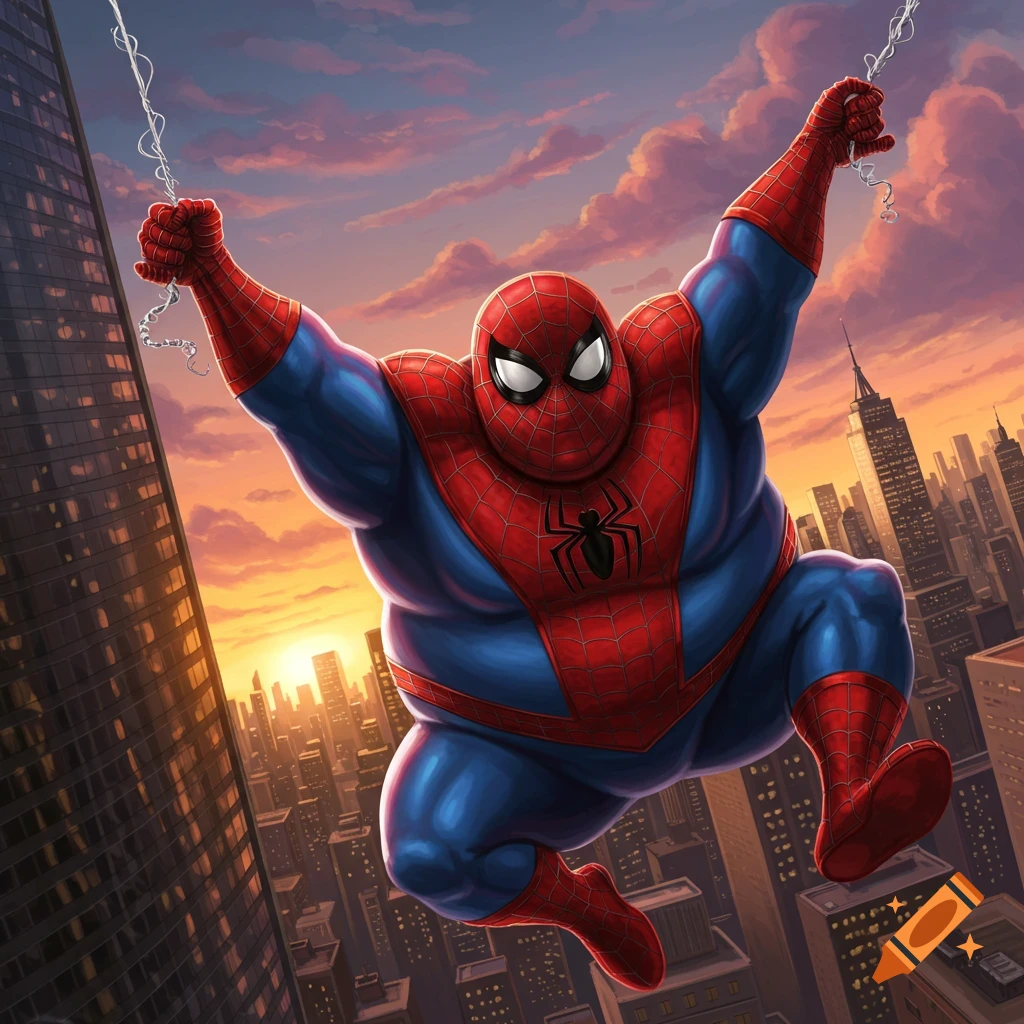 A cartoonish, overweight Spider-Man swings through a city at sunset, with buildings silhouetted against an orange sky.
