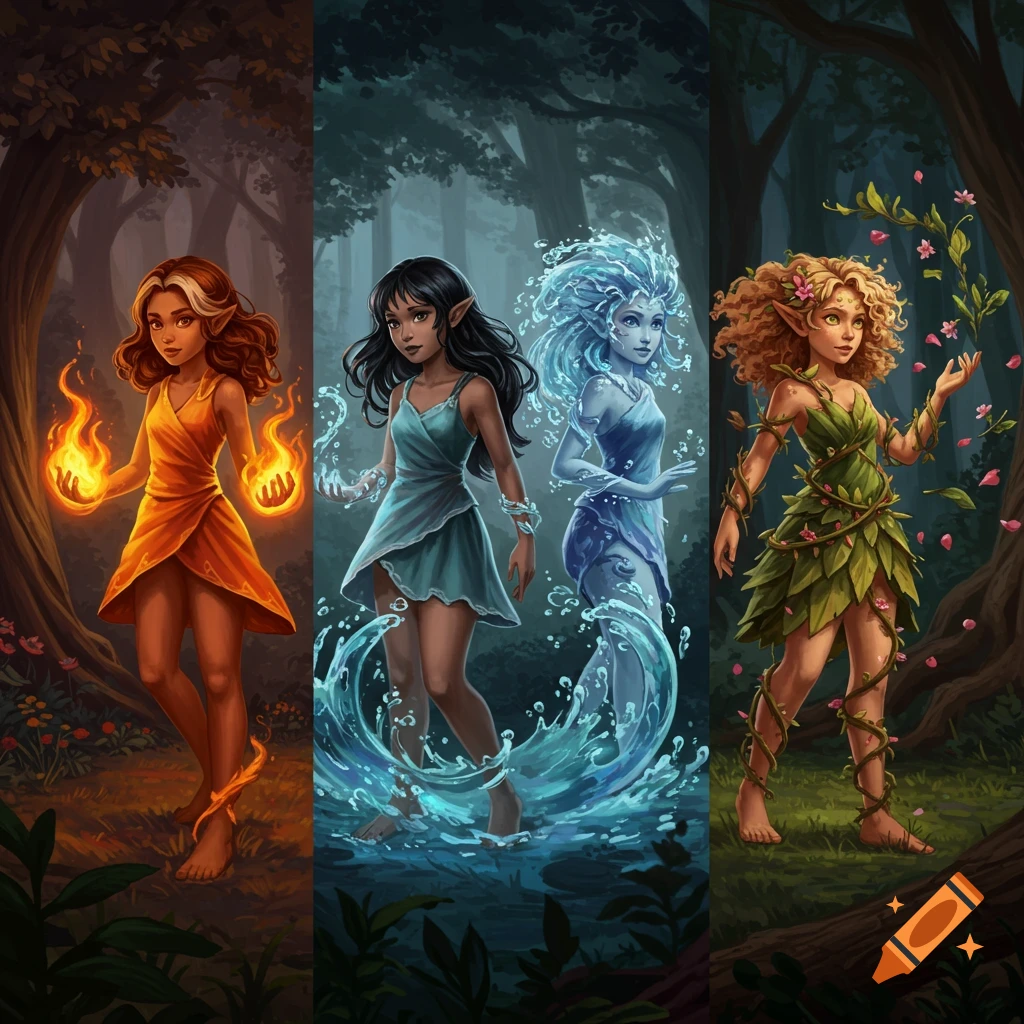 Three fantasy elemental elves: fire elf in orange, water elf in teal, and plant elf in green, in a forest.