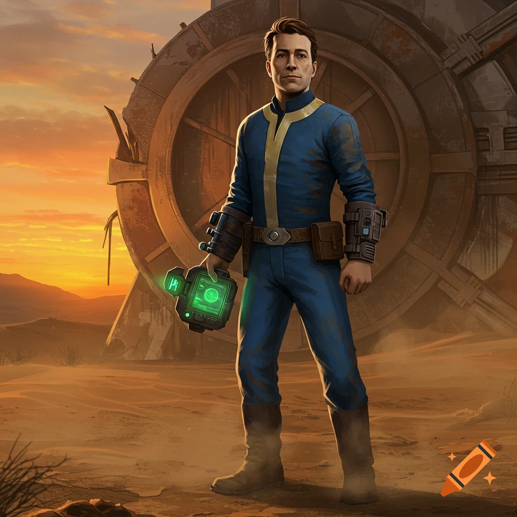 A male Fallout Vault Dweller in a blue and yellow suit holds a glowing green device in a desert wasteland with a large, ruined metal structure.