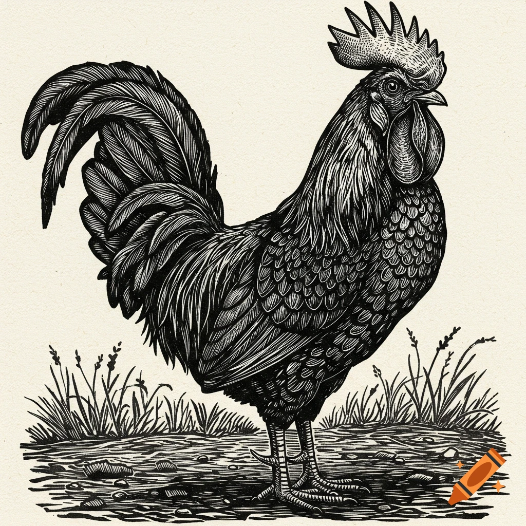 A black and white linocut style illustration of a rooster standing on the ground with sparse grass.