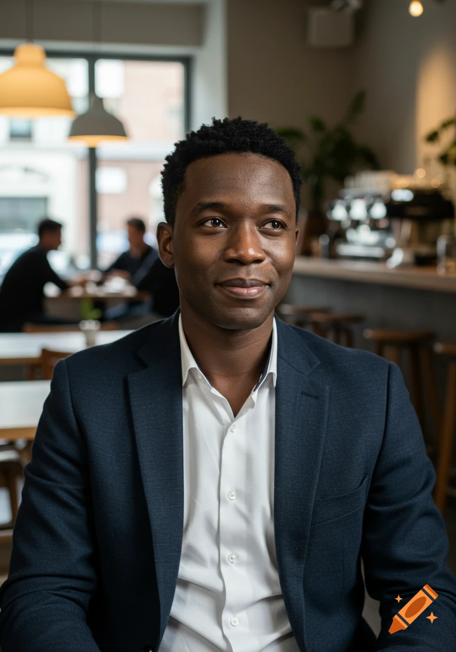 A photorealistic portrait of a young Black man in a dark suit and white shirt, looking thoughtfully in a cafe setting.