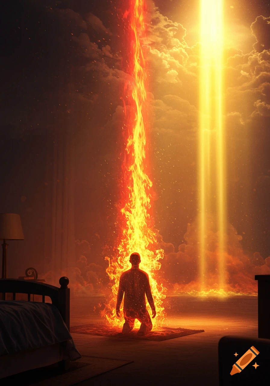 A person kneels in a dark room, engulfed in a towering column of fire, illuminated by a bright golden light from above.