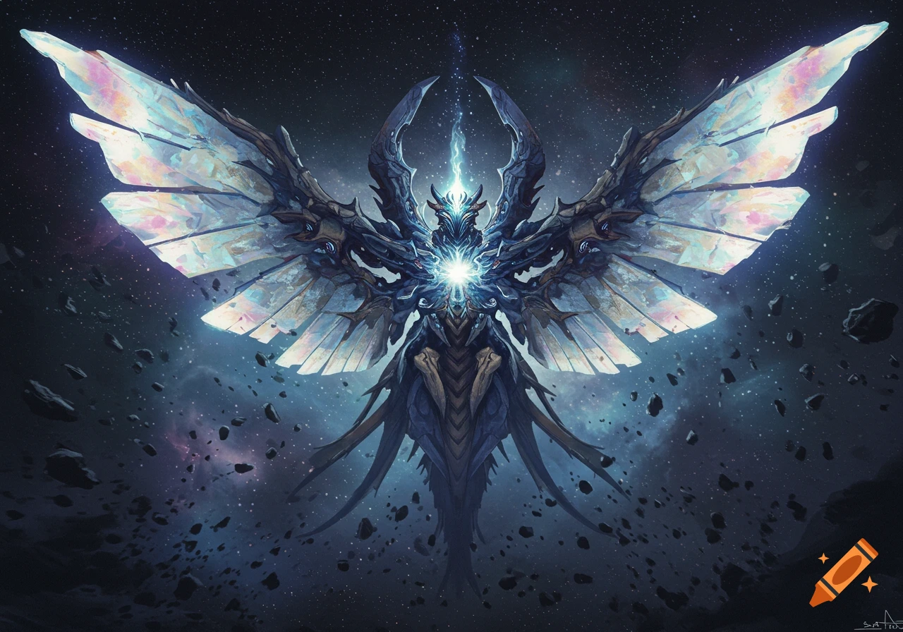 A luminous, winged, mechanical-looking creature with iridescent wings floats amidst asteroids in outer space.