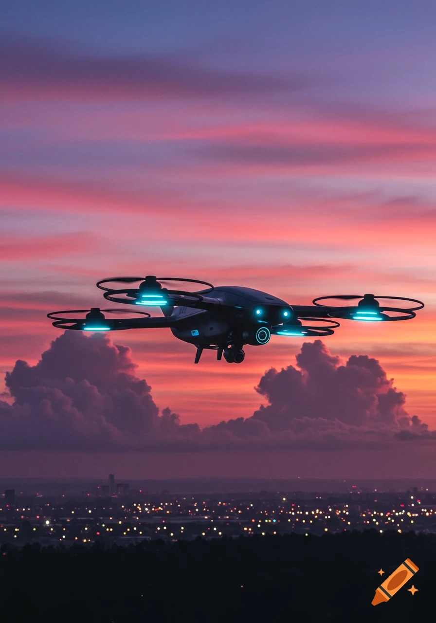 A high-tech drone with glowing blue lights flies over a city skyline during a vibrant sunset.
