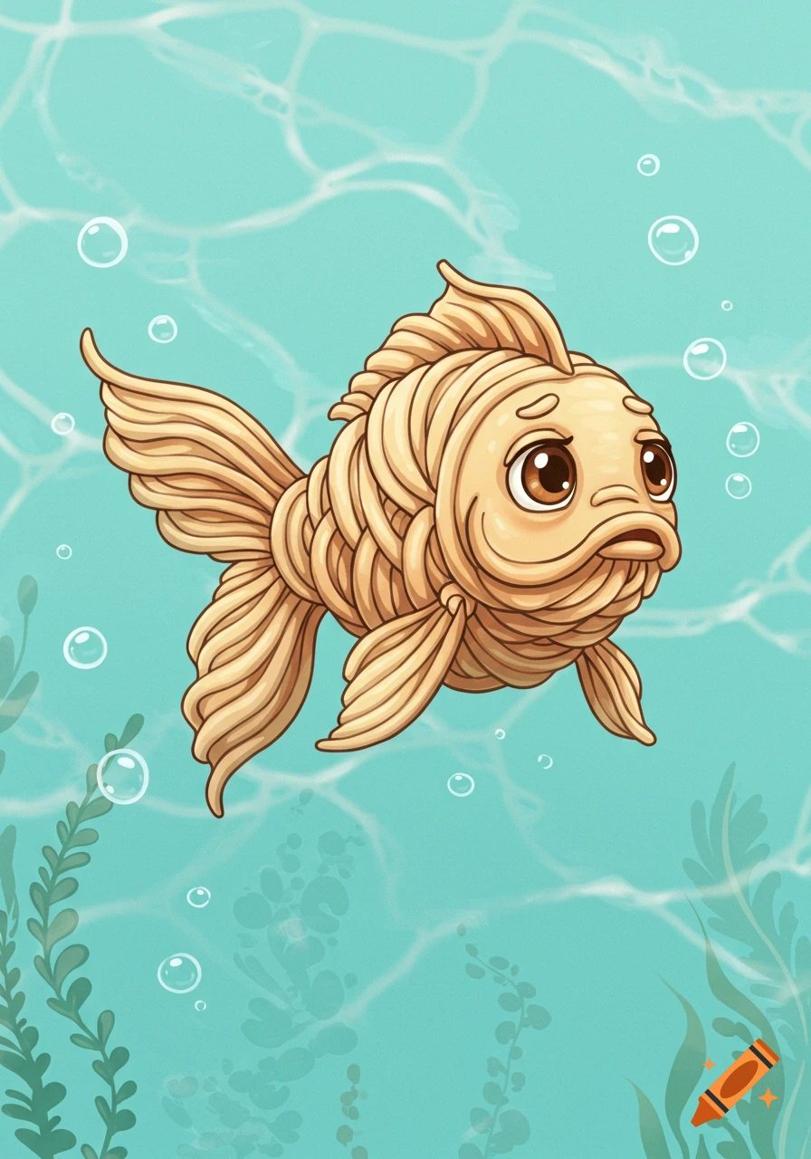 A cartoon fish made of noodles, with a smooth face and brown eyes, looking afraid, swims in turquoise water with bubbles.