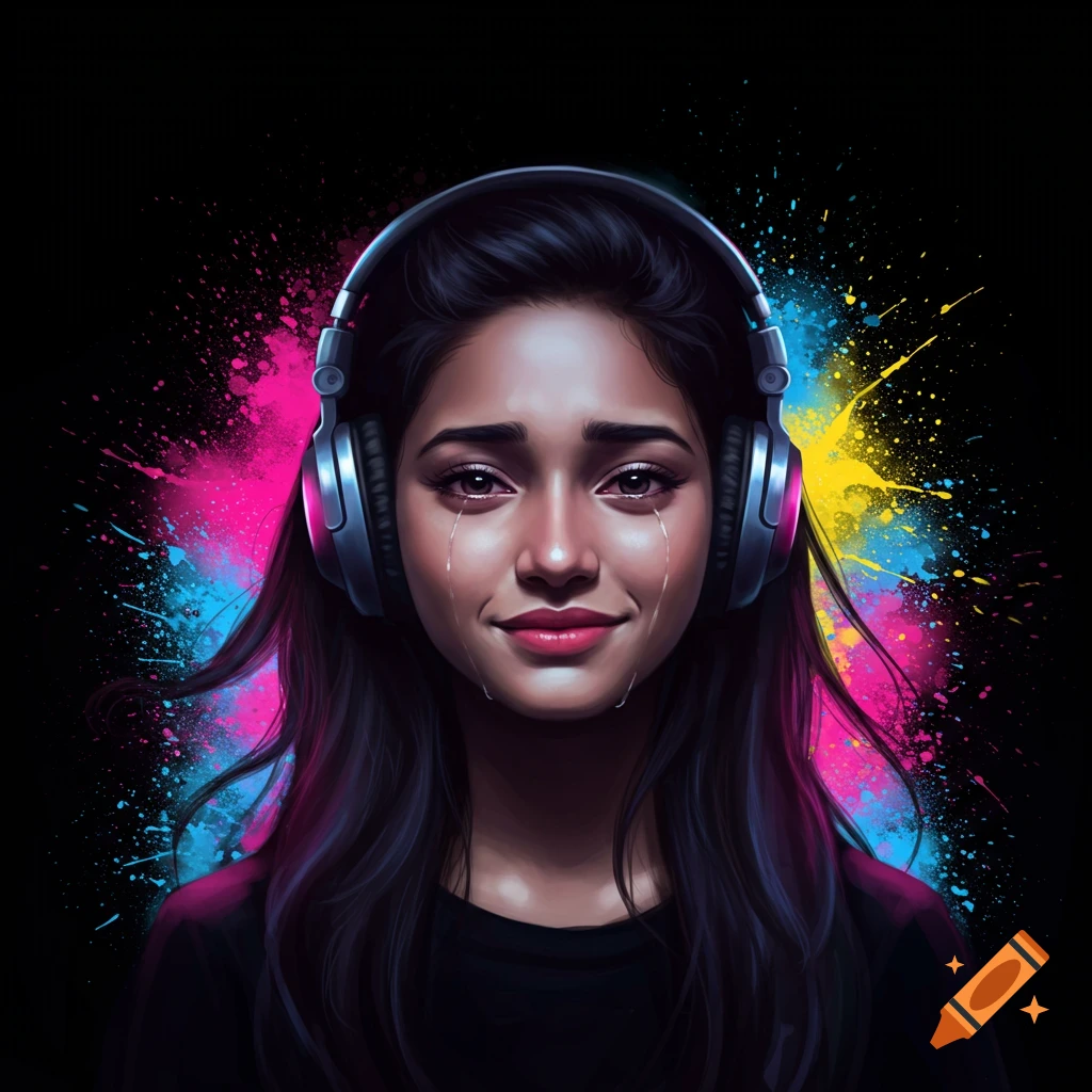 A young woman with headphones and tears on her face, against a black background with vibrant pink, blue, and yellow paint splashes.