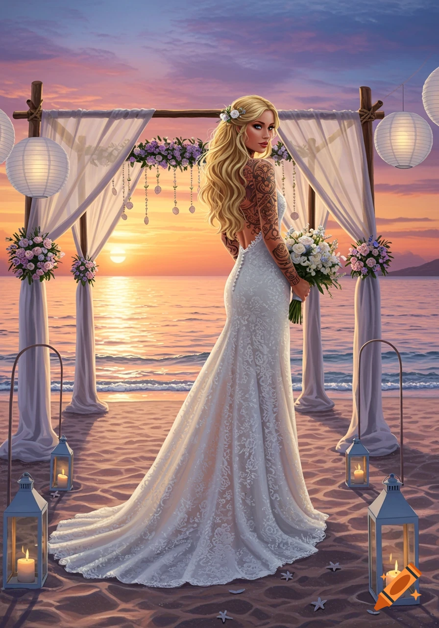 Blonde bride with detailed tattoos on arms and back, in a white wedding dress, on a sandy beach at sunset.