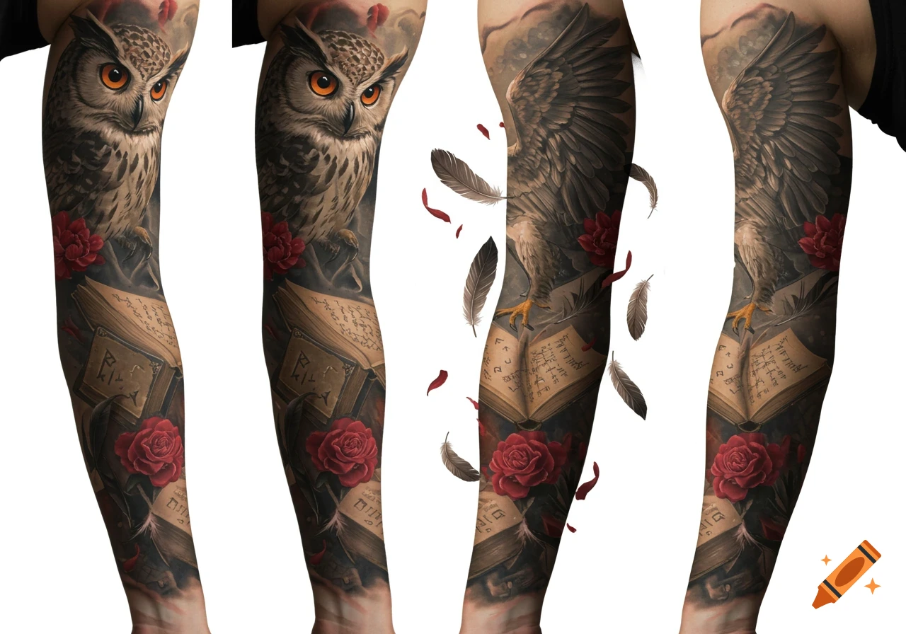 Detailed arm sleeve tattoo featuring an owl, a hawk, open books, red roses, and floating feathers.