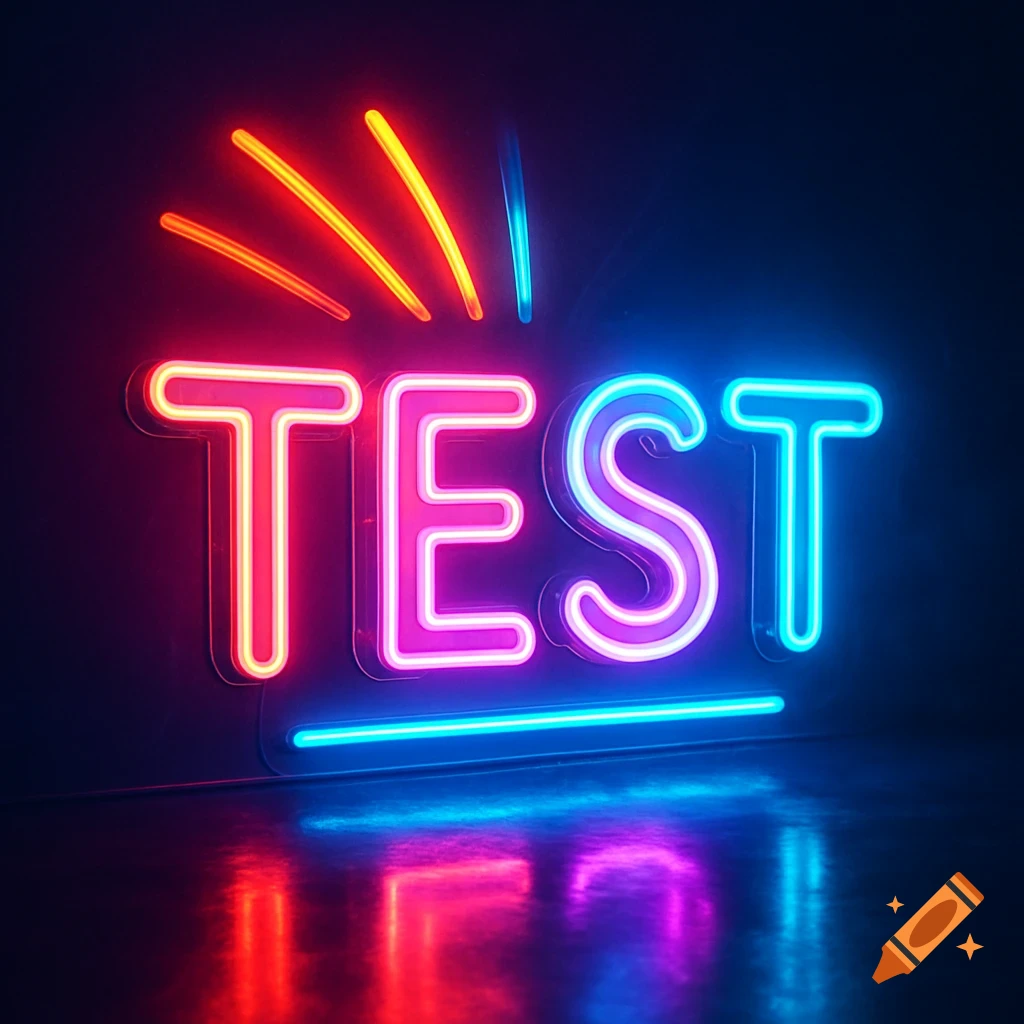 A vibrant neon sign spelling out the word 'TEST' in red, pink, and blue lights, with reflections on a dark surface.