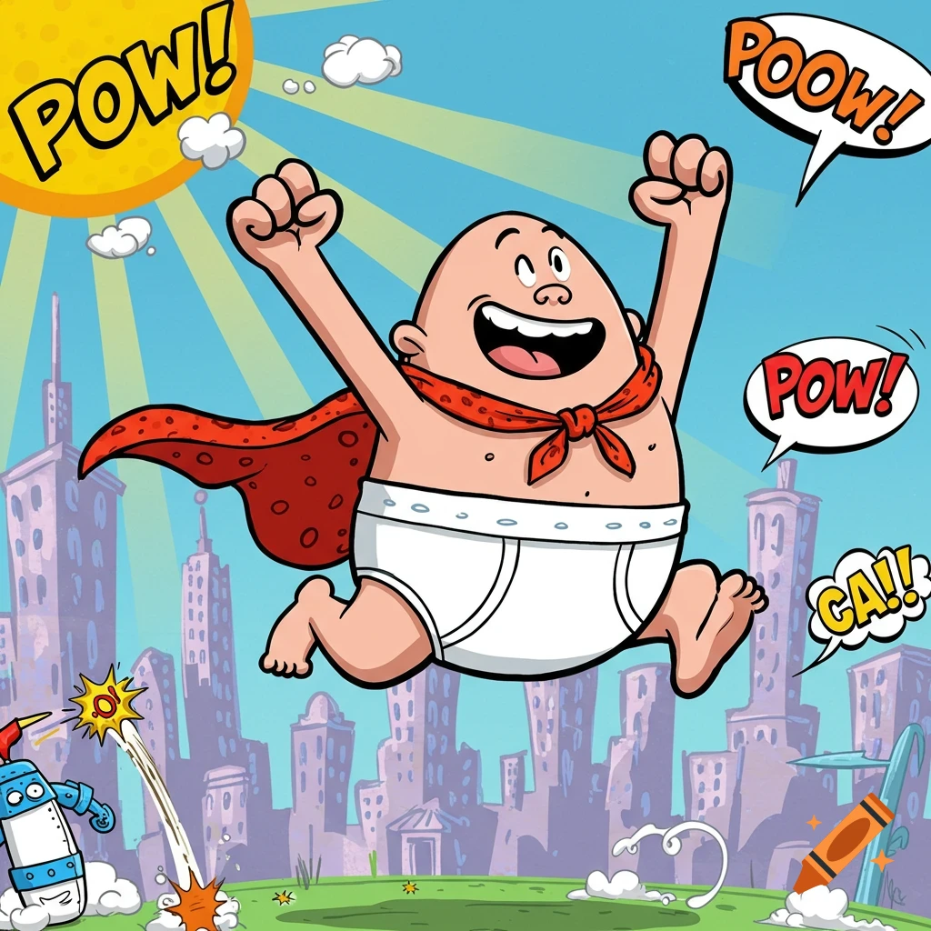 Cartoon Captain Underpants in briefs and red cape flying over a city, with comic book sound effects.