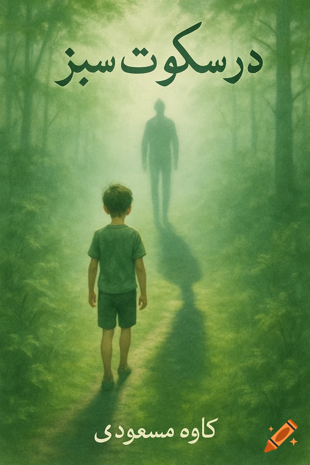 A book cover features a boy walking into a misty green forest, with his shadow stretching ahead to become an adult figure.