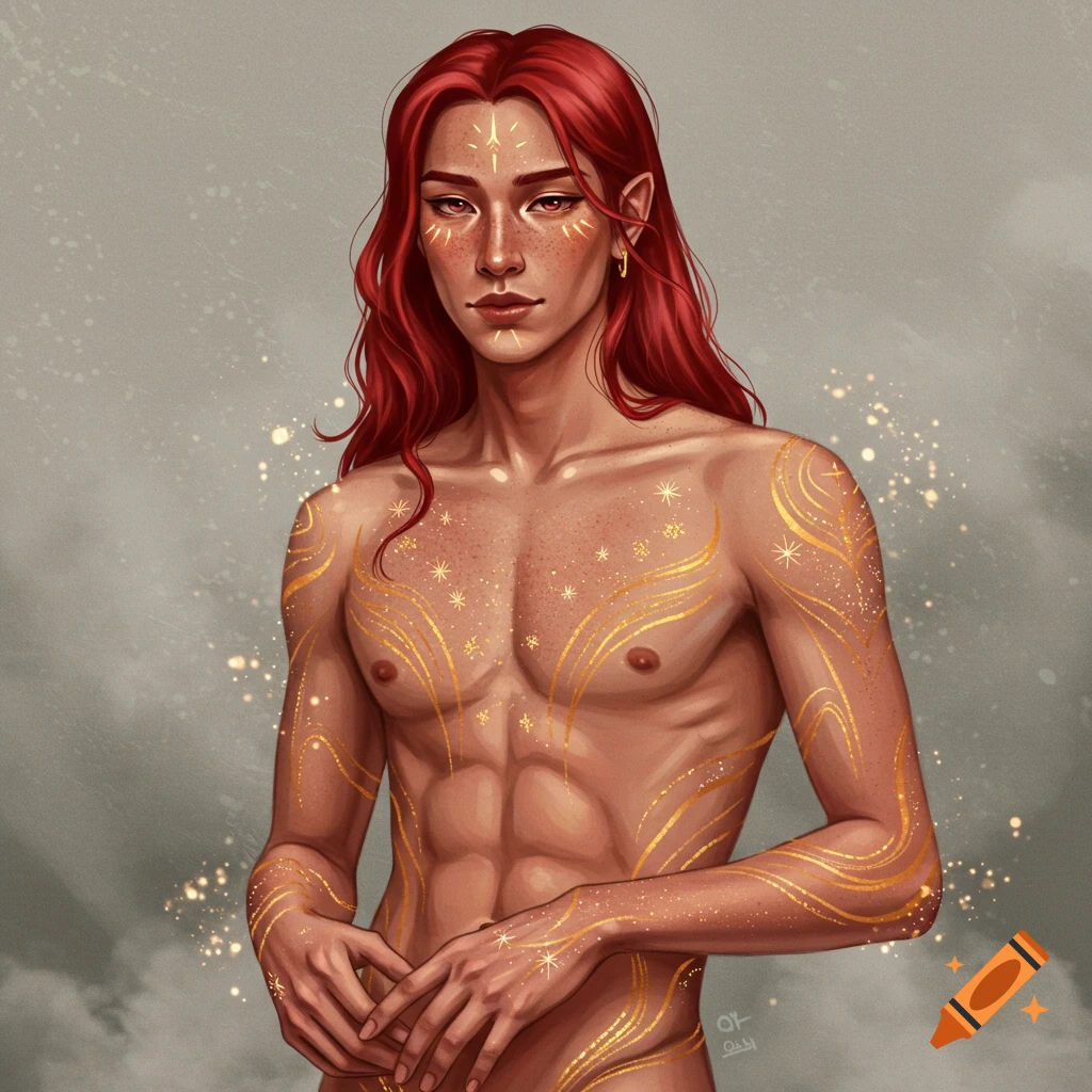 A male fantasy character with long red hair and golden, star-like patterns on his chest and arms.