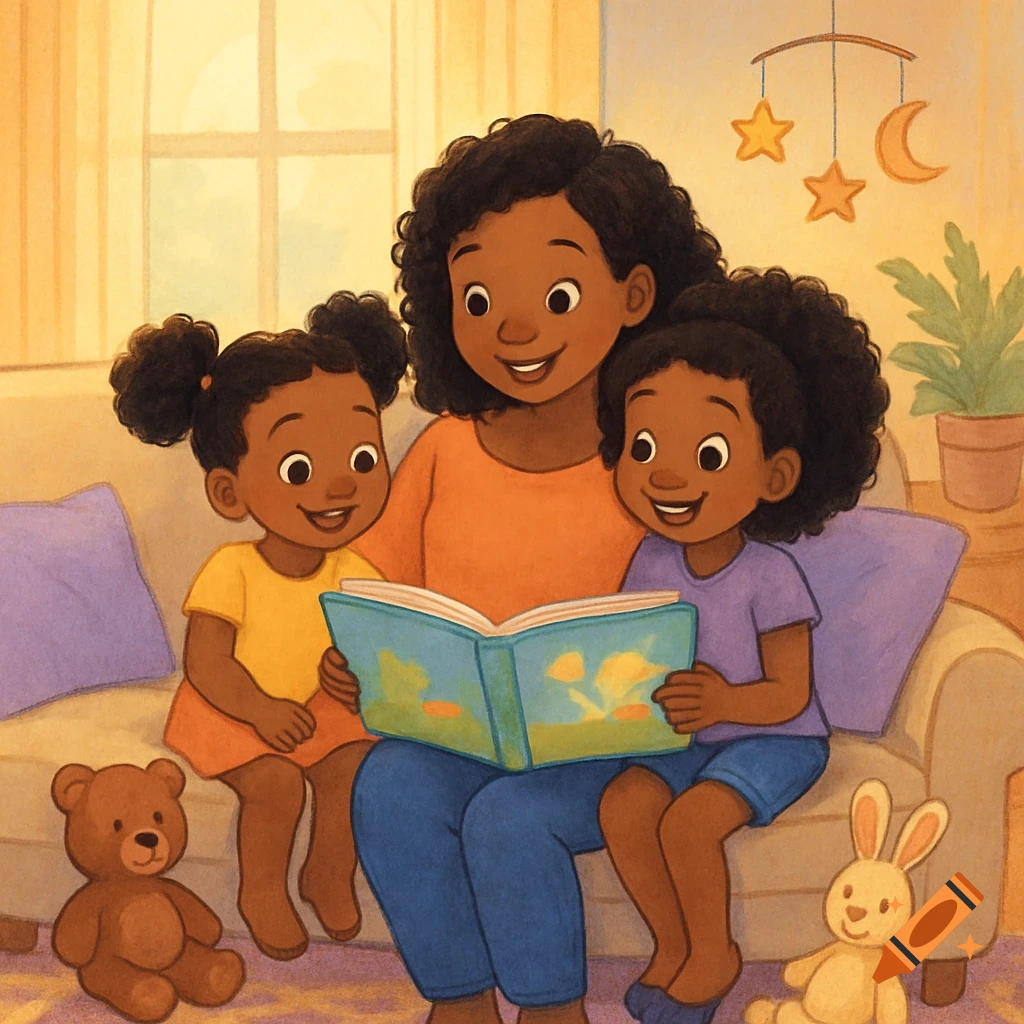 A cartoon illustration shows a Black mother reading a storybook to two young Black girls on a couch, surrounded by stuffed animals.