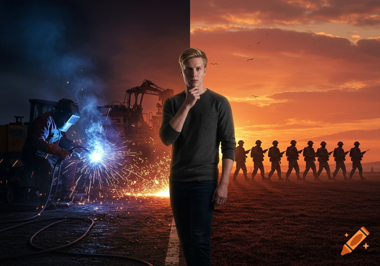 A blonde man stands on a dividing line between two scenes: a welder with sparks and heavy machinery at night, and silhouetted soldiers marching in a field at sunset.